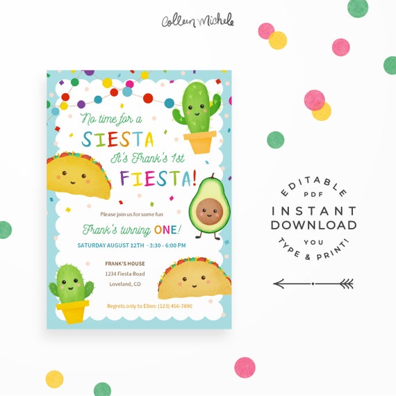 Boy's First Fiesta Invitation, Instant Download, Editable PDF. No Time for Siesta, 1st Fiesta Birthday Invite with Cactus, Taco and Avocado! Il_570xn