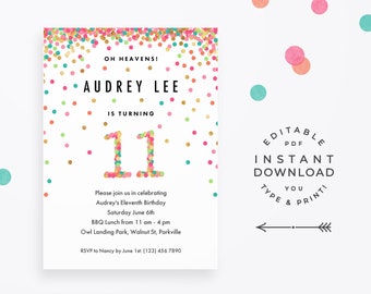 Girl 11th Birthday Invitation, Instant Download Printable PDF. 11 year old girl birthday party invites in mint, teal, pink and gold confetti