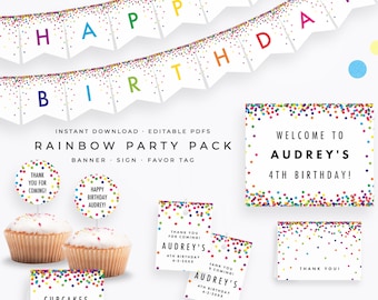 Confetti Birthday Party Decorations! Instant Download Printables: Favor tags, Happy Birthday banner, Thank you, Cupcake toppers & more!