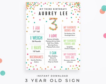 Cute Girl 3rd Birthday Sign, Editable PDF Download. Third birthday poster with mint, teal, pink & gold confetti for your three-year-old!