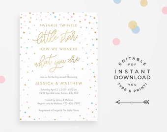 Twinkle Little Star Gender Reveal Party Invitation, Instant Download. Gold, pink and blue stars, "how we wonder what you are!"