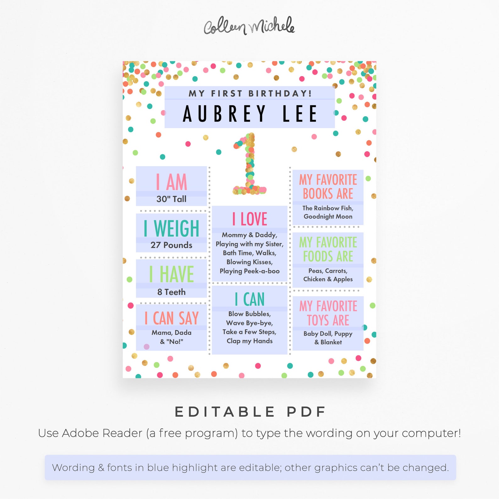 Cute Girl 1 Year Old Sign Editable PDF Download. First | Etsy