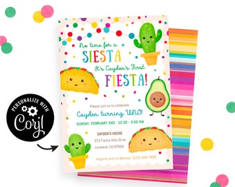 1st Fiesta Invitation, Instant Download with Corjl Template. Cute, Editable My First Fiesta Birthday Invites for Kids with Taco and Cactus