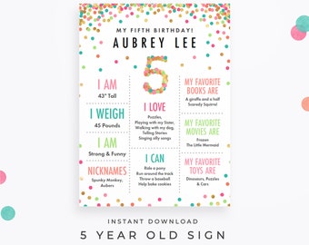 Cute 5th Birthday Sign, Editable PDF Download. Fifth birthday poster with girly mint, teal, pink & gold confetti for your five-year-old!