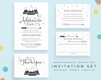 Adventure Baby Shower Invitation Set, Instant Download Book Request, Diaper Raffle, Thank You Card. Adventure Awaits editable PDF printables