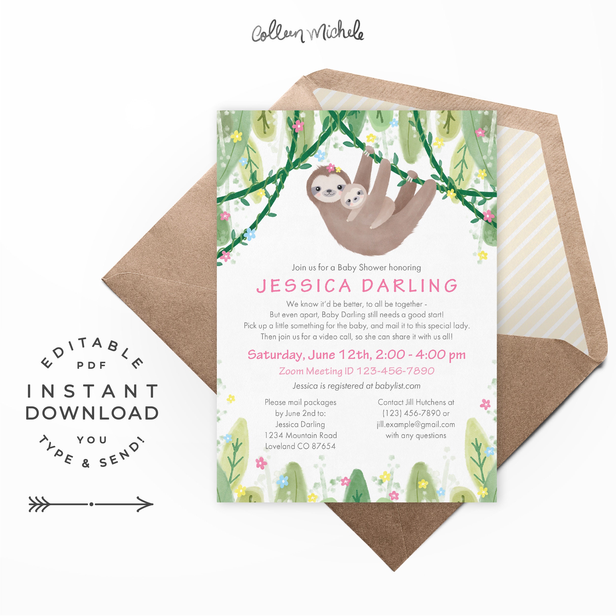 Sloth baby shower invites 2025