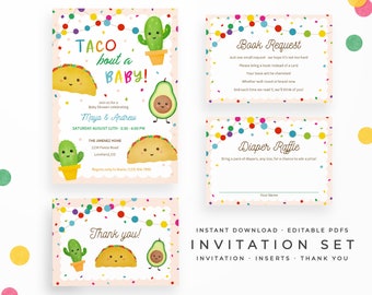 Taco bout a Baby Invitation Set. Instant download Editable PDFs. Taco Baby Shower Invitation, Book Request, Diaper Raffle & Thank you cards