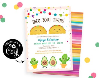 Taco bout Twins! Shower Invitation, Instant Download with cute Tacos, Cactus & Avocados! Edit online using Corjl invitation template.