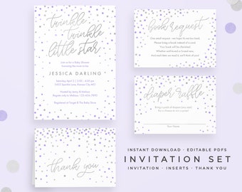 Twinkle Little Star Baby Shower Invitation Set: Instant download. Faux silver foil & purple with Book Request Diaper Raffle Thank You Card!