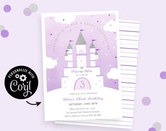 Purple Princess Birthday Invitation, Editable Online with Instant Download. Cute, Simple Fairy Tale Princess Castle Invites in Purple