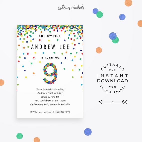 Confetti 9th Birthday Invitation Boy, Editable Invitation. Colorful ...
