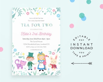 Tea for Two Invitation, 2nd Birthday Invitation. Editable PDF, instant download printable for Alice in Wonderland 2 year old birthday party!