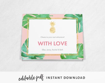 Tropical Pineapple Thank You Card / Well Wishes Card. Editable PDF for instant download, with pink and gold pineapple tropical theme.