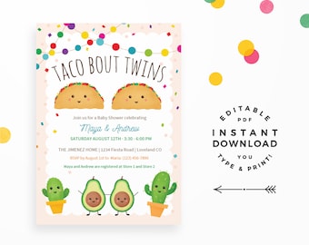 Taco bout Twins! Shower Invitation, Instant Download, Editable PDF. Fiesta shower invitations with cute Taco, Cactus & Avocado!