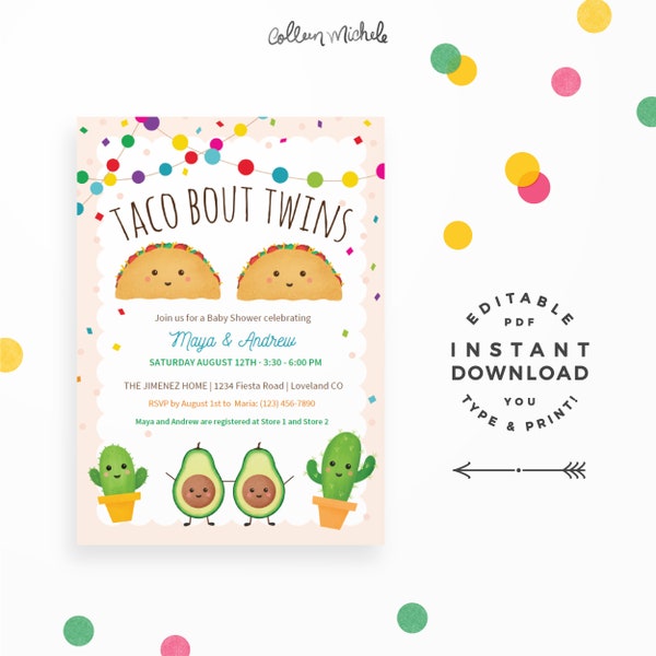 Taco bout Twins! Shower Invitation, Instant Download, Editable PDF. Fiesta shower invitations with cute Taco, Cactus & Avocado!