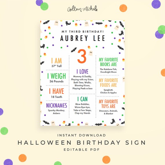 Halloween Birthday Sign! Any age birthday poster, editable PDF instant download. Milestone sign for 1 year old, 2 year old, 3 year old etc. Il_570xn