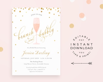 Brunch and Bubbly Bridal Shower Invitation, Editable PDF Instant Download. Elegant gold script and pink champagne wedding shower invitation!