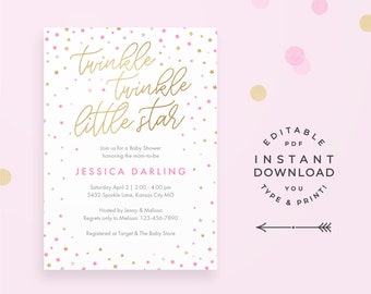 Pink & Gold Twinkle Little Star Shower Invitation, Instant Download PDF Printable. Faux gold foil, pink stars for a cute girl baby shower!