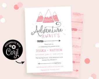 Pink Adventure Baby Shower Invitation | Corjl invite, free demo. "Adventure Awaits" in cute pink and gray, for mountain themed baby shower