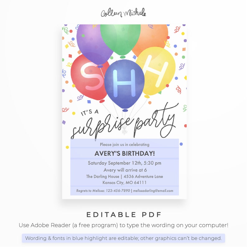 Surprise Birthday Invitation, Instant Download Editable PDF. Colorful balloons & confetti, cute simple surprise party invite Shhh... image 2