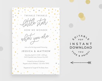 Twinkle Little Star Gender Reveal Party Invitation, Instant Download Editable PDF. "How we wonder what you are" with yellow & gray stars!