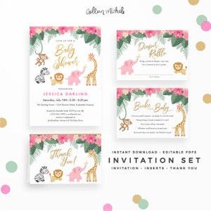 Pink Girl Safari Baby Shower Stationery Set, Instant download Editable PDFs Safari Invitation, Book Request, Diaper Raffle, & Thank You card image 1