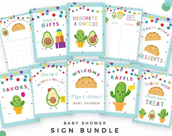 Baby Shower Blue Sign Bundle - Colorful fiesta fun! 12 printable signs:  Welcome, Favors, Gifts & Cards, How Big is Mommy's Belly and more!