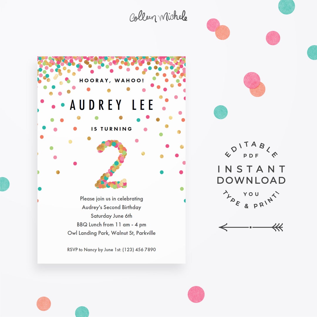Girl 2nd Birthday Invitation, Instant Download Printable PDF. 2 Year ...