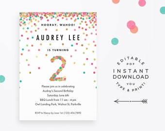 Girl 2nd Birthday Invitation, Instant Download Printable PDF. 2 year old girl birthday party invites in mint, teal, pink and gold confetti!