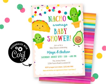 Nacho Average Baby Shower Invitation, Instant Download with Corjl Template. Cute, editable baby shower invites with taco, cactus and avocado