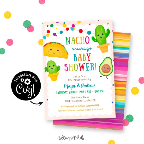 Nacho Average Baby Shower Invitation, Instant Download with Corjl Template. Cute, editable baby shower invites with taco, cactus and avocado