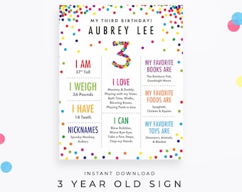 Rainbow Confetti 3 Year Old Sign. Editable 3rd birthday poster PDF, instant download. DIY the details for your own three-year-old!