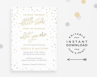 Twinkle Little Star Gender Reveal Invitation // Instant Download Printable Invite. Gold & grey stars for a gender reveal party / baby shower