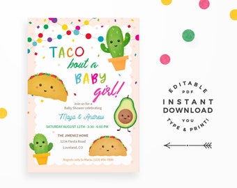 Taco bout a Baby Girl! Instant Download, Editable PDF. Fiesta shower invitations with cute Taco, Cactus & Avocado!