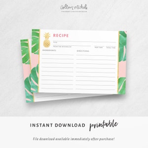 Tropical Recipe Cards Printable, with a pink and gold pineapple theme. Instant download PDF with a cute 4x6 recipe card for a bridal shower. image 1