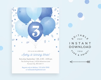Blue Boy Birthday Invitation, Editable Age, Instant Download Printable PDF. Blue balloons and confetti, cute modern birthday invitation!