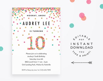 Girls 10th Birthday Invitation, Instant Download Printable PDF. 10 year old girls birthday invitations in mint, teal, pink and gold confetti