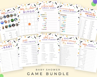 Baby Shower Game Bundle - Halloween Theme! 11 printable games: Emoji Game, What's in Your Purse, Baby Shower Bingo, Word Scramble & more!