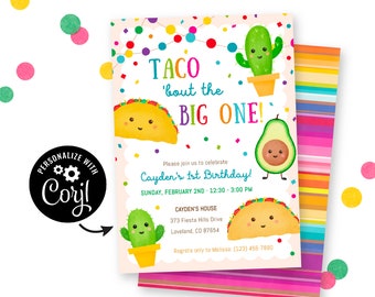 Taco 'Bout the Big One 1st Birthday Invitation, Instant Download with Corjl Template. Cute, colorful taco-themed first birthday invites