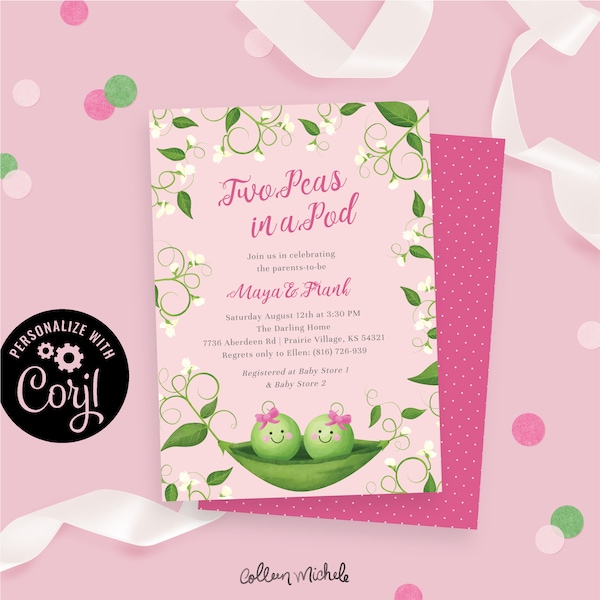 Two Peas in A Pod | Pink Girl Twin Baby Shower Invitation. Digital twins shower invitation. Edit online using Corjl invitation template