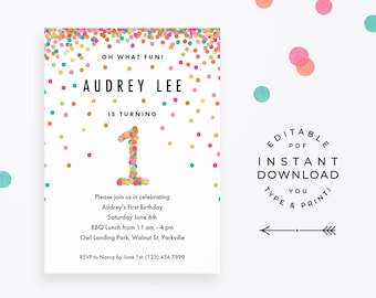 Girl 1st Birthday Invitation, Instant Download Printable PDF. 1 year old girl birthday party invites in mint, teal, pink and gold confetti!