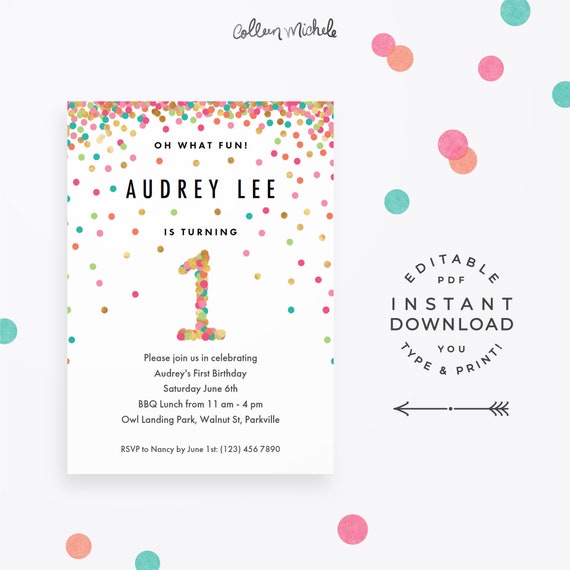 Paper E294 Editable First Birthday Party Invitation Girl Girl First
