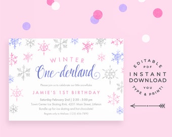 Pink Winter Onederland Invitation, Girl 1st Birthday Invitation, Editable PDF, instant download printable. Pink and purple snowflake invite!