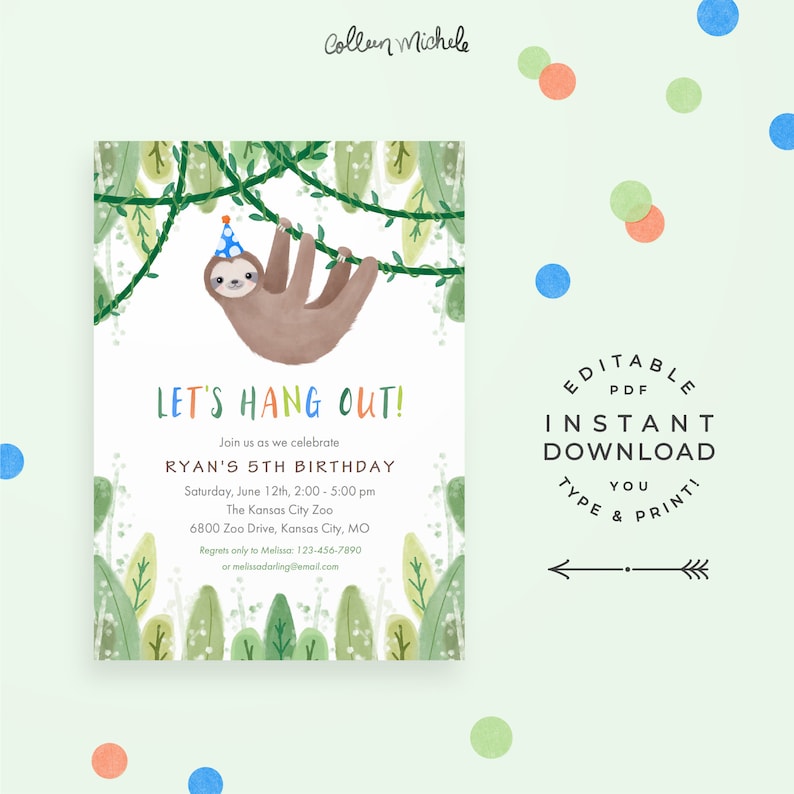 Sloth Birthday Party Invitation Instant Download Editable Etsy