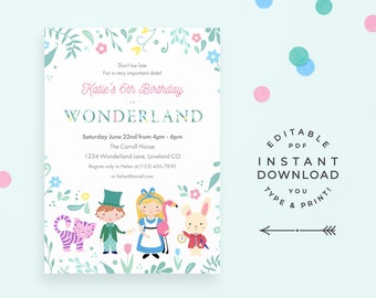 Alice in Wonderland Birthday Invitation, instant download invite for any age! Cute tea party birthday invitation!