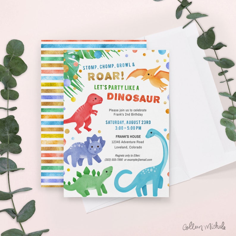 Dinosaur Birthday Invitation Corjl invite instant download. Stomp Chomp Roar Kids birthday party invite with colorful cute dinosaurs image 7