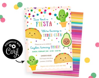 Three-Esta Birthday Invitation, Instant Download with Corjl Template Cute, Editable 3rd Birthday Invites for 3rd birthday with Taco & Cactus