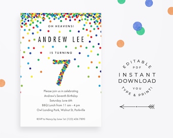 Confetti 7th Birthday Invitation Boy, Editable Invitation. Colorful rainbow birthday invitation for boy seventh birthday!