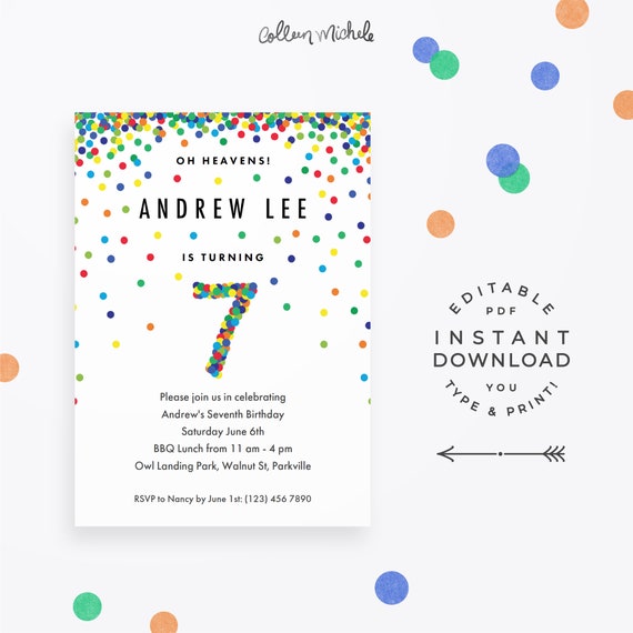 Confetti 7th Birthday Invitation Boy, Editable Invitation. Colorful