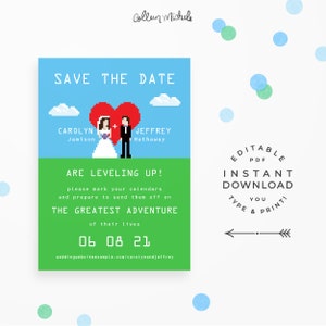 Video Game Geek Save The Date, Instant Download Editable PDF. Cute and unique nerd save the date cards with 8-bit bride & groom image 1